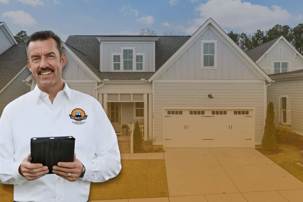 A smiling professional home inspector in a white button-down shirt holding a digital tablet, standing in front of a modern light-blue suburban house. This image highlights the professionalism and technology-driven approach homeowners should look for when learning how to choose a home inspector.