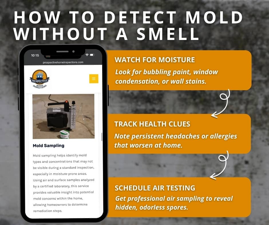 Three-step infographic by Prospective Home Inspections explaining how to detect mold without a smell through moisture tracking, health symptoms, and air testing.
